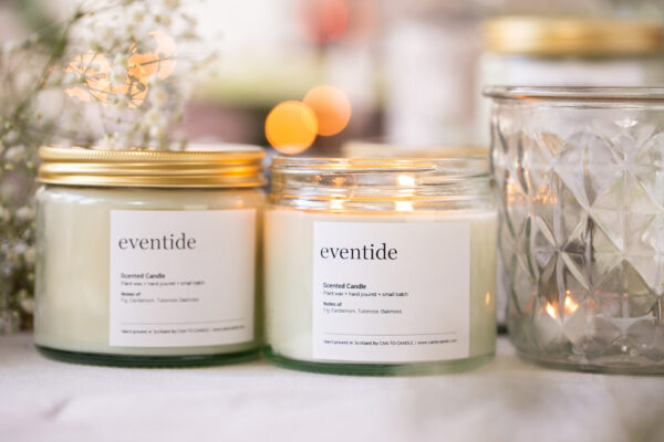 eventide scented candle with gold lid in clear jar