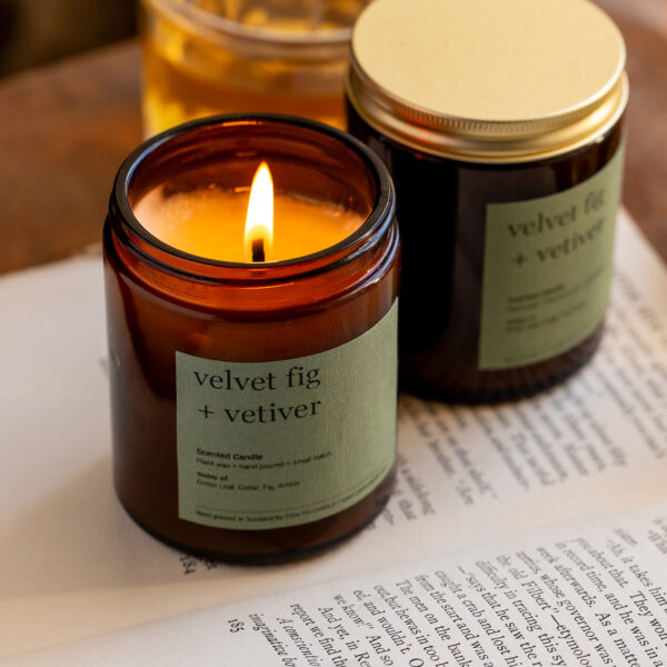 fig and vetiver scented natural wax candle in amber jar