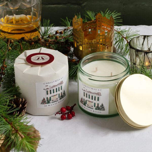 personalised christmas candle in natural wax house label